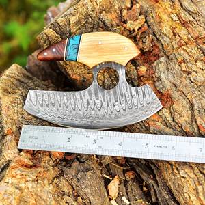 Cuchillo Ullu hecho a mano con hoja de Damasco, mango de madera y funda de cuero, cuchillo para exteriores, cuchillo personalizado. - Product Image 1