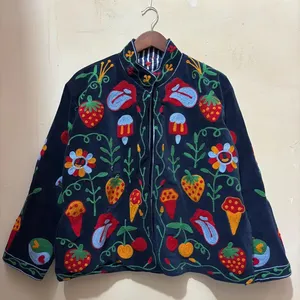 Chaqueta de Terciopelo Azul Oscuro con Bordado a Mano Estilo Vintage para Mujer, Cuello Mandarín, Mangas Largas, Abertura Frontal, Abrigo Casual de Invierno - Product Image 1