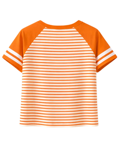 เสื้อยืดแร็กแลนลายทางสีส้มขาว ผ้าฝ้าย ใส่สบายๆ ในฤดูร้อน แขนเสื้อตัดกัน คอกลม รับผลิตแบบ OEM จากผู้ผลิต - Product Image 2