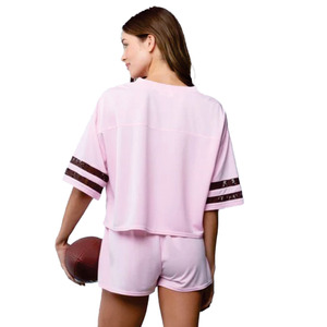 Custom Women’s Cropped Pink American Football Jersey V Neck Sports Inspired Two Piece Short Set Private Label Apparel Supplier - Product Image 2