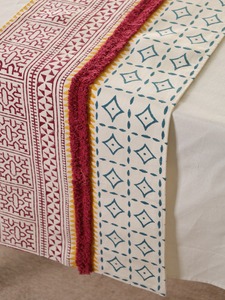 Double Layer Premium Slub <b>Canvas</b> Block <b>Printed</b> Table RunnerFloral Table Runner Tassel Woven Damask Style Maroon Dining - Product Image 2
