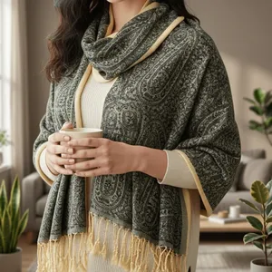 Chal Reversible de Paisley Kashmiri en Verde Oliva y Amarillo Mostaza, Diseño Floral Bordado Étnico de Invierno, Encaje Sólido, Suave Cachemira y Seda Digital - Product Image 6