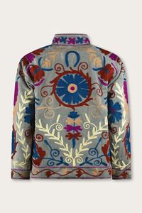 Soft Sage Embroidered Suzani <b>Jacket</b> Cobalt Blue Raspberry Breathable Varsity Style Outerwear <b>Suede</b> Leather Spring Floral Pattern - Product Image 4