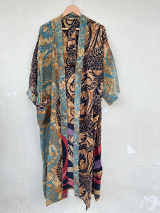 Bata de seda vintage marrón Kimono hecho a mano con cinturón Kimono de seda para mujer - Product Image 4