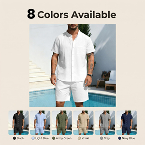 Ensemble de chemises décontractées pour hommes, couleur olive unie, manches courtes, boutonnées, respirantes, en coton tissé, tenue d'été - Product Image 5