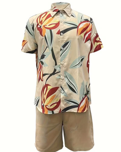 Men's Customizable Woven Floral Print Breathable Shirt Set Short Sleeve Button-Up Top Elastic Waist Shorts Summer Casual Beach - Product Image 5