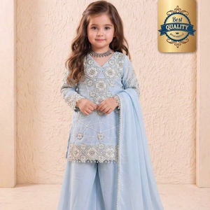 ชุดชาราร่าสำหรับเด็ก ดีไซน์เนอร์ออกแบบ พร้อมงานปักหนักและผ้าคลุมไหล่ – ชุดคุर्ติสำหรับงานปาร์ตี้สไตล์ชาติพันธุ์สำหรับเด็กผู้หญิง - Product Image 1