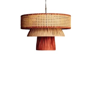 Signature Creative Layered Design Rattan, Cane and Fabric Lampshade Handmade Woven Ceiling Pendant <b>Light</b> <b>Fixture</b> <b>Rustic</b> - Product Image 3