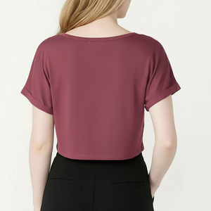 Crop Top Short Sleeve Round Neck Breathable Loose Fit Active Wear <b>Rolled</b> Cuff Casual Custom OEM Wholesale Manufacturer - Product Image 2