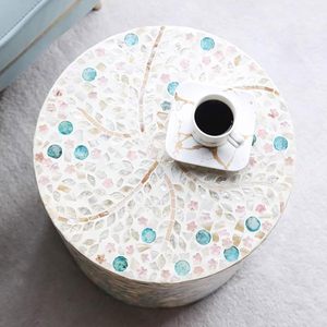 MOP Mother of Pearl Mosaic Side <b>Table</b> Decorative Garden <b>Stool</b> & Accent <b>Table</b> with Botanical Cactus Design - Product Image 3