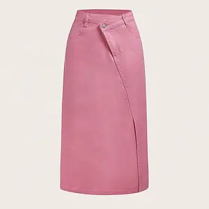 WS145 rok maxi denim kustom wanita, rok denim belah merah muda