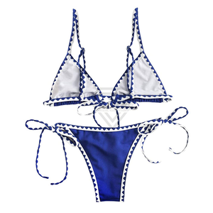 Women's Blue Bikini Set With Contrast <b>Binding</b> Tie Side Bottom And Triangle Top Swimwear cute floral bikini set for women - Product Image 2