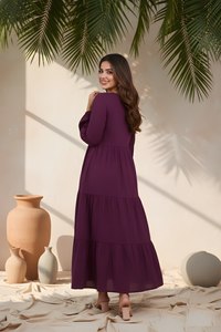 Elegante Vestido Morado de Seda con Corte Delta, Cuello en V, Manga Abullonada Completa, Largo Regular, Totalmente Cosido, Color Sólido, Estilo Occidental para Fiestas - Product Image 5