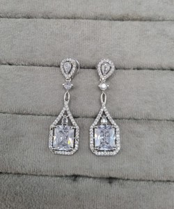 Square Cut Stone Geometric Frame Pear <b>Halo</b> Stud and Long Dangle <b>Earring</b> Design for Women Party Wear Dangle <b>Earrings</b> Manufacturer - Product Image 4