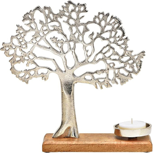 Porte-bougie de Noël en forme d'arbre sur base en bois de manguier, métal argenté pour bougies chauffe-plat, dimensions élégantes, décoration raffinée - Product Image 2