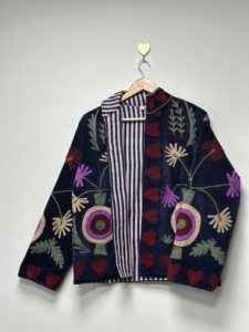 Velvet Knitted Suzani <b>Jacket</b> Floral Pattern Boho Women's Winter Autumn Coat Full <b>Sleeve</b> India Style <b>Short</b> Coat - Product Image 1