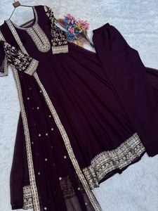 TENNECY Women's Fancy Design Anarkali Gown-Pant Dupatta Set Faux Blooming Embroidery Zari <b>Sequins</b>-work Quick Dry Wrinkle Free - Product Image 5