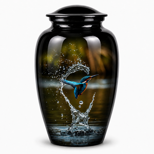 Hermosa urna de cremación duradera y ecológica, personalizable, con diseño de colibrí colorido y gotas de agua, con pegatina conmemorativa de imagen esmaltada. - Product Image 1
