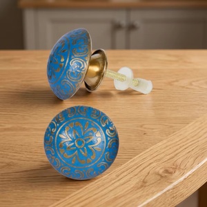 Boutons de meuble ronds en céramique bleue avec motif floral doré, style traditionnel, installation facile pour commode, armoire de cuisine - Product Image 3