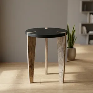 Modern <b>Round</b> Marble Top <b>Side</b> <b>Table</b> with Wooden Base Handmade Living Room Furniture - Product Image 3