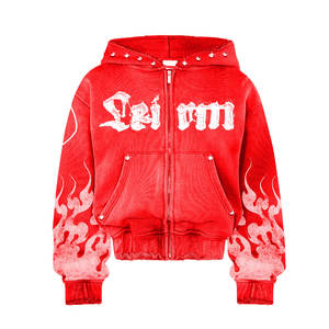 Sudadera con capucha y cremallera para hombre, de algodón, extragrande, personalizada, de alta calidad, con estampado de llamas y efecto deslavado al ácido - Product Image 6