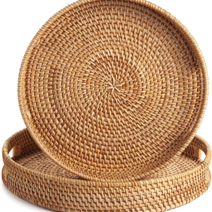 ถาดรองโต๊ะกาแฟถาดกลมถาดหวายออตโตมันถาดเสิร์ฟพร้อมที่จับสำหรับตกแต่งบ้านและห้องครัว - Product Image 5