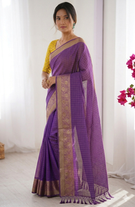 Sari de Seda Morado AARA Fashion con Borde Dorado, Traje Tradicional Indio para Bodas, Protección Solar para Mujeres, Todas las Temporadas - Product Image 3