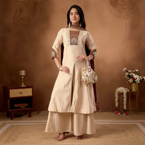 Beautiful Women's Traditional <b>Cream</b> Anarkali Kurti <b>Set</b> With Embroidered Neck And Sleeve Details Loose Fit From Samp Corporation - Product Image 1