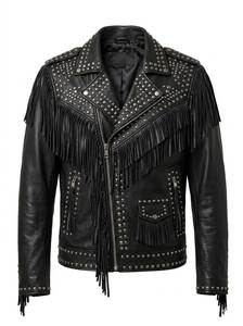 Chaqueta de Cuero Negra para Hombre, Estilo Motero, con Flecos y Remaches, Cuello Camisero, Cierre de Cremallera, Corte Regular, Estilo Invernal, Resistente al Viento, Estilo Urbano - Product Image 4