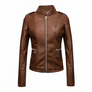 Chaqueta de motociclista de piel sintética negra para mujer, con cuello alto, cremallera y manga larga. - Product Image 6