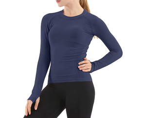 2026 Best Selling <b>Women's</b> Navy Blue Rash Guard Full Sleeve Polyester Long Sleeve Seamless Fitting <b>Swim</b> Top OEM - Product Image 5