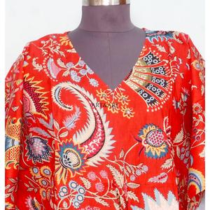 Indian Woman Maxi <b>Kaftan</b> Dresses Soft Breathable Cotton Relaxed Gown Ruffle Sleeves Floral printing Eco-Friendly 100% Cotton - Product Image 6