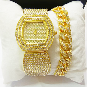 9773 Novedades 2022: Set de Reloj y Pulsera para Mujer, Relojes de Moda en Oro Rosa con Brillantes y Pulsera de Eslabones Cubanos - Product Image 5