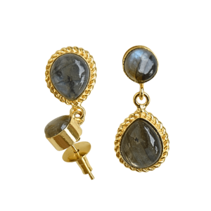 Boucles d'oreilles pendantes vintage plaquées or, style bohème et classique, avec pierre de labradorite naturelle en forme de fleur pour femme, mariage - Product Image 3