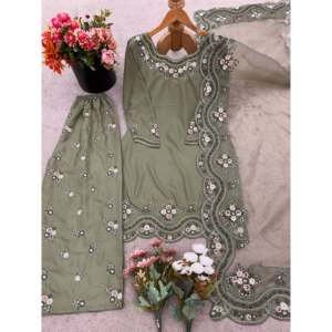 SSR Designer Women's Green Top-Bottom and Dupatta <b>Set</b> with <b>Embroidery</b> Sequence Work Size L - Product Image 4