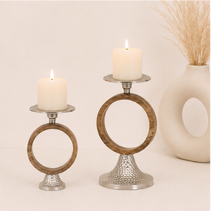 Luxury Handcrafted Pillar Candle Holder Set With Hammered Metal Base and Decorative Wooden Ring Modern Geometric Candle <b>Stand</b> - Product Image 2