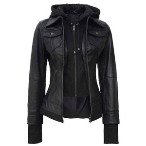 Women's Black Leather Bomber <b>Jacket</b> with Removable Hoodie - Real Lambskin Slim Fit Biker <b>Jacket</b> with Thumbhole Cuffs - Product Image 3