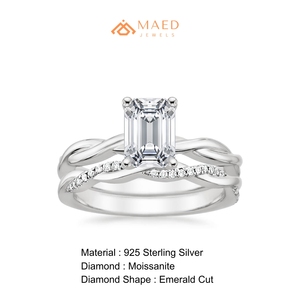 <b>Emerald</b> Cut Moissanite Bridal <b>Ring</b> Set <b>Silver</b> Tone Engagement Wedding Band Twisted Shank Pave Accents Fine Jewelry Gifts for Her - Product Image 6