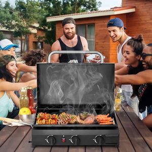 3 Burner <b>Flat</b> <b>Top</b> Gas <b>Griddle</b> Cooking Station 30,000 BTU Propane Fuelled Ceramic Coated Cast Iron Pan for Camping Grills - Product Image 4