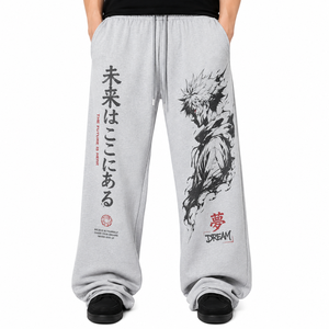 Pantalon de survêtement ample pour homme, gris, imprimé personnage d'anime, taille élastique avec cordon de serrage, respirant, poids moyen, 100% coton, décontracté - Product Image 1