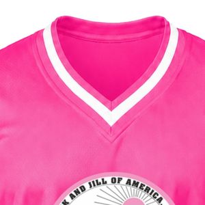 เสื้อเจอร์ซีย์กีฬาคอวีปักลายตราสัญลักษณ์แจ็คแอนด์จิลสีชมพูร้อนแรง แขนสั้น แถบสีขาว เสื้อทีมกีฬา ชุดยูนิฟอร์ม - Product Image 2