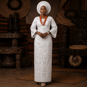 Tela George Blanca de Lujo con Cuentas y Bordado de Cristales para Vestidos de Novia Nigerianos y Ropa de Fiesta - Product Image 1