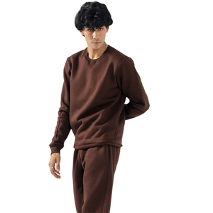Ensemble de survêtement personnalisé pour homme, pull et pantalon de survêtement marron foncé, col rond minimaliste, taille élastique côtelée, vente en gros OEM - Product Image 6