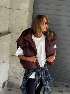 Gilet matelassé en peau de mouton pour femme, veste sans manches en jean avec col à capuche, fermeture éclair, couleur unie - Product Image 3