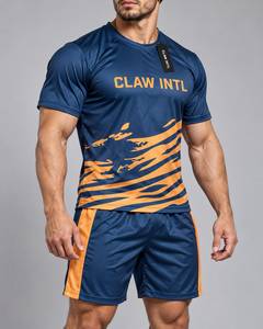 Maillot de football CLAW INTL pour homme, bleu et orange rayé, sublimé, en polyester respirant, coupe athlétique, manches courtes, col rond - Product Image 2
