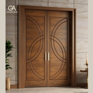 Puerta Doble de Entrada de Madera Sólida Golden Aero, Diseño Contemporáneo con Ranuras Circulares, Acabado Exterior GA-42L para Villa - Product Image 1