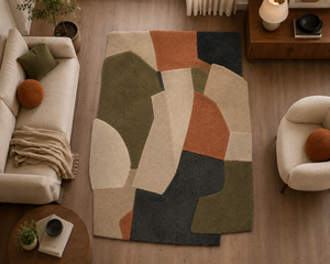 Tapis en laine tufté à la main pour salon, forme irrégulière, mosaïque, tons terreux, olive, terre cuite, style bohème, design personnalisé, OEM - Product Image 5