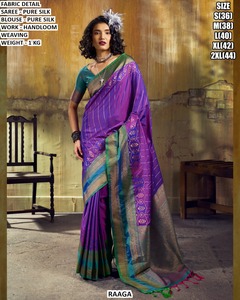 Sari en soie pure tissé à la main Raaga avec bordure bleue et travail Zari pour femmes, tenue de mariage, sari indien traditionnel - Product Image 6