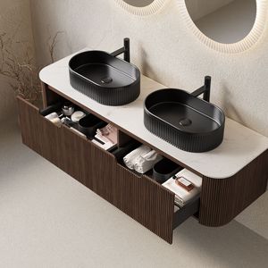 DINA 60\" Modern <b>Wall</b> <b>Mounted</b> Bathroom Vanity with Curved Edges and Striped Storage <b>Cabinets</b> 2 Black Ce - Product Image 2