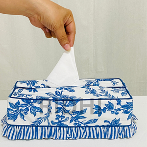 Ridhi - Funda para caja de pañuelos con volantes, diseño floral azul granate, hecha a mano con estampado de bloques, al por mayor, soporte reutilizable de algodón para servilletas, ideal para hoteles. - Product Image 6